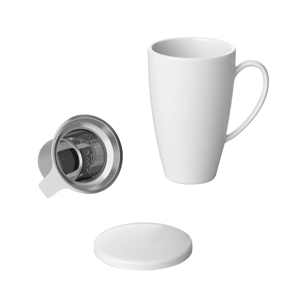 Intirilife Porzellan Kaffeetasse Teetasse Tasse mit Deckel und Teeaufgießer in Weiß 350 ml Multifunktional